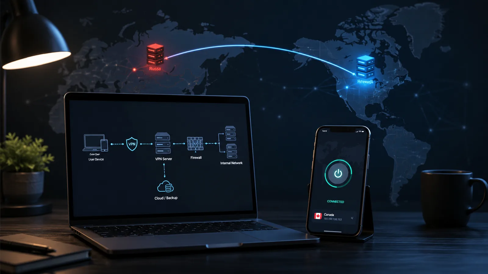 Ноутбук, смартфон и серверная схема с VPN-подключениями AmneziaVPN, WireGuard, Outline и XRay